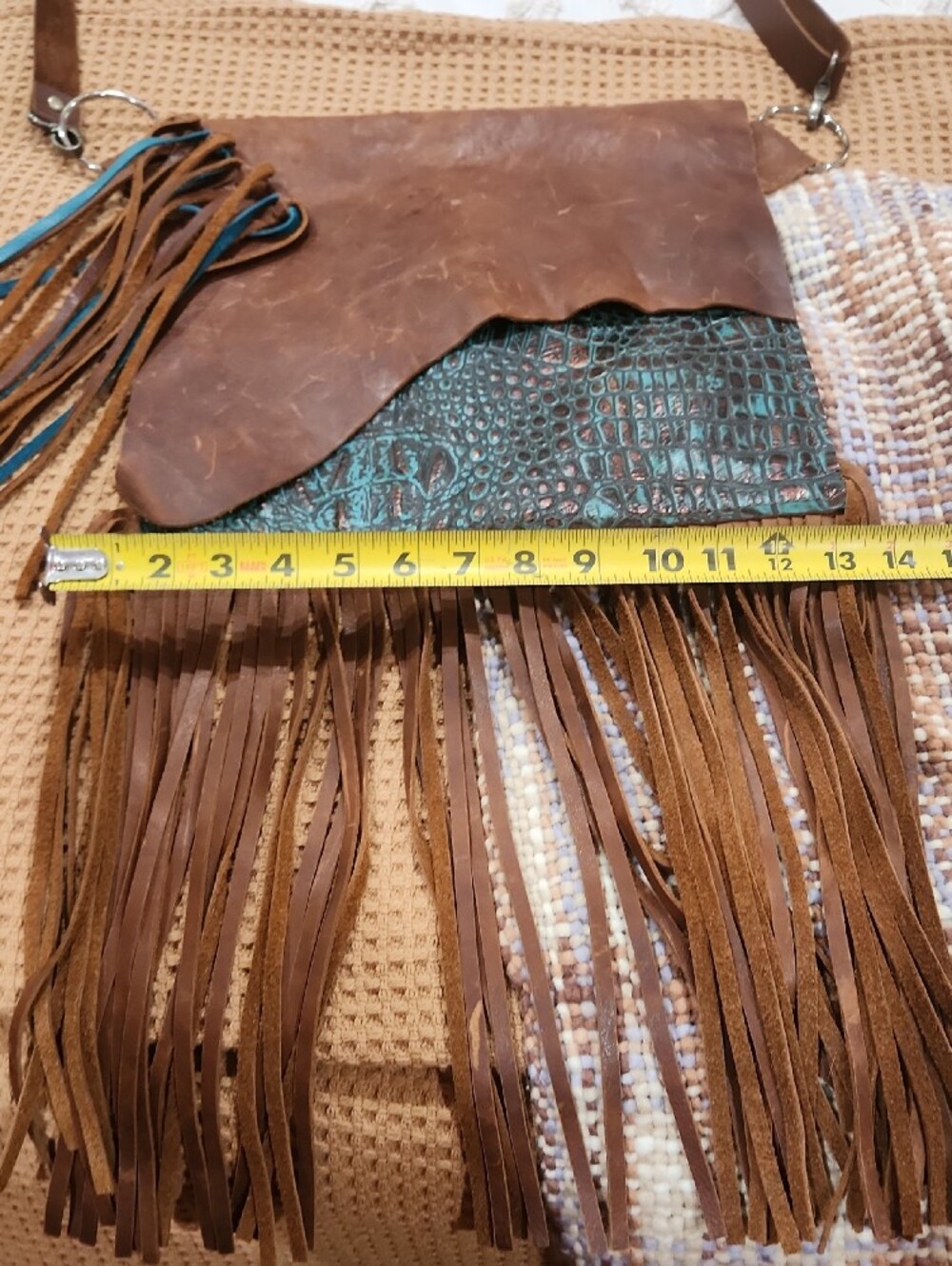 Brown Leather Fringe Crossbody Bag with Teal Croc Accent - Picture 9 of 11